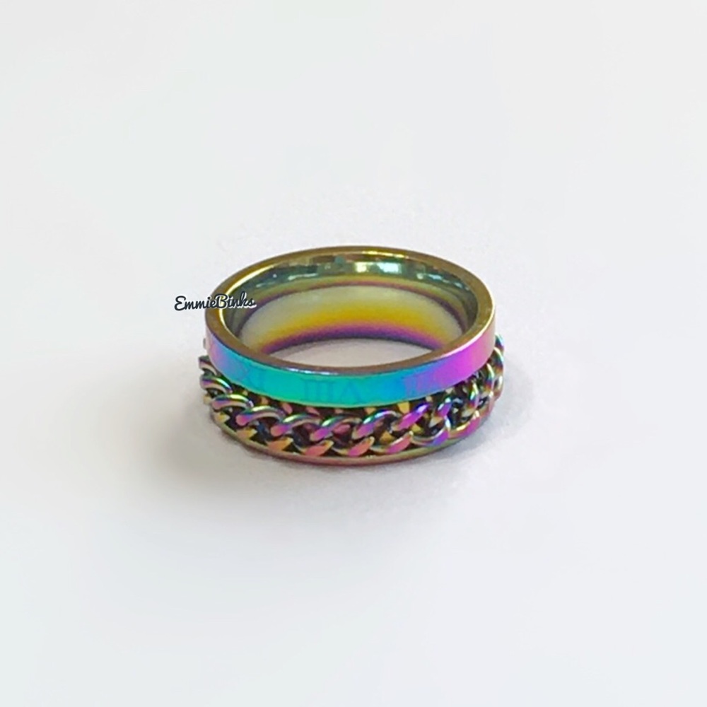 💥3for$28 8mm Oil Slick Chain Spinner Ring Unisex Stainless Steel Roman Numerals